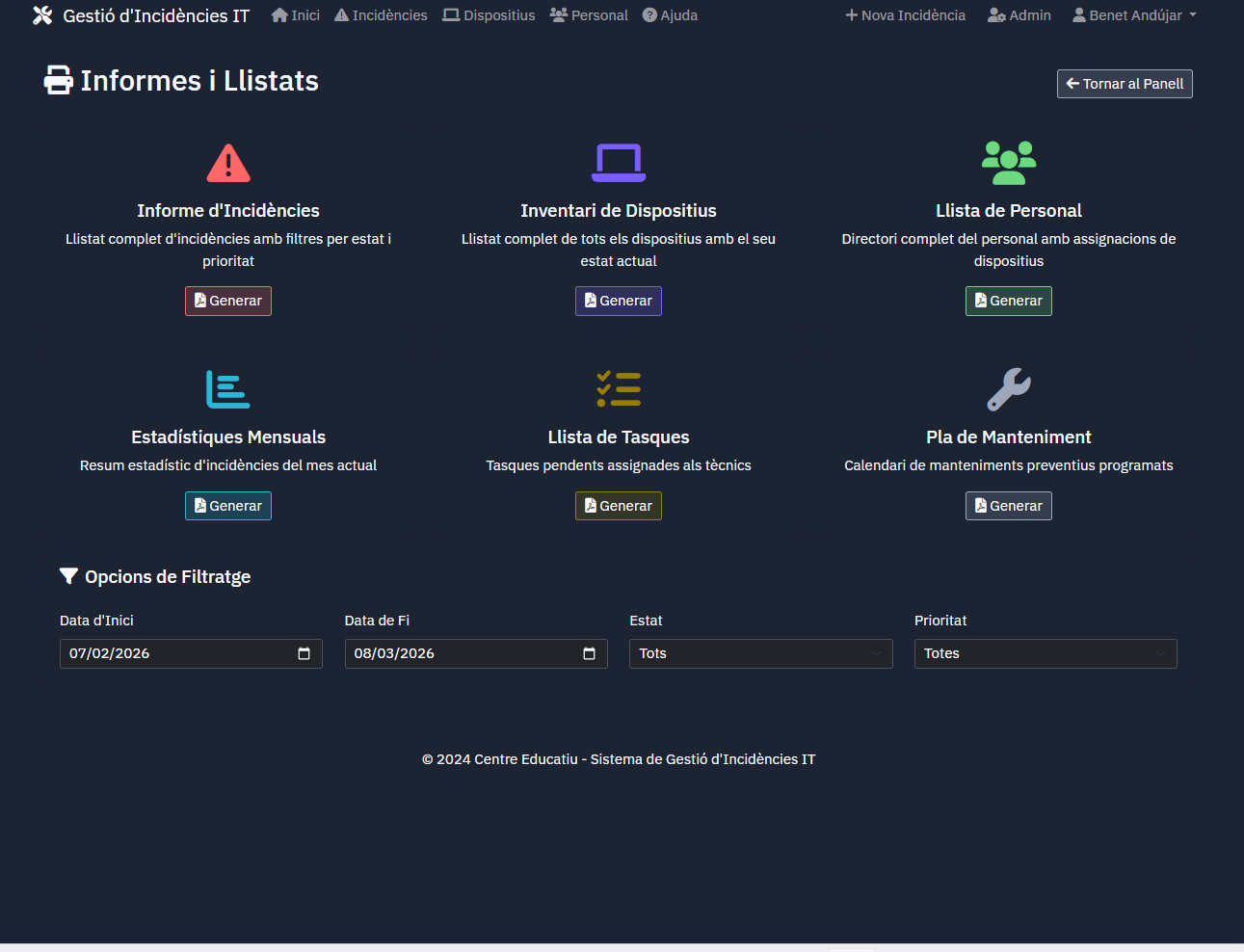 Pantalla d'informes de seguiment tècnic